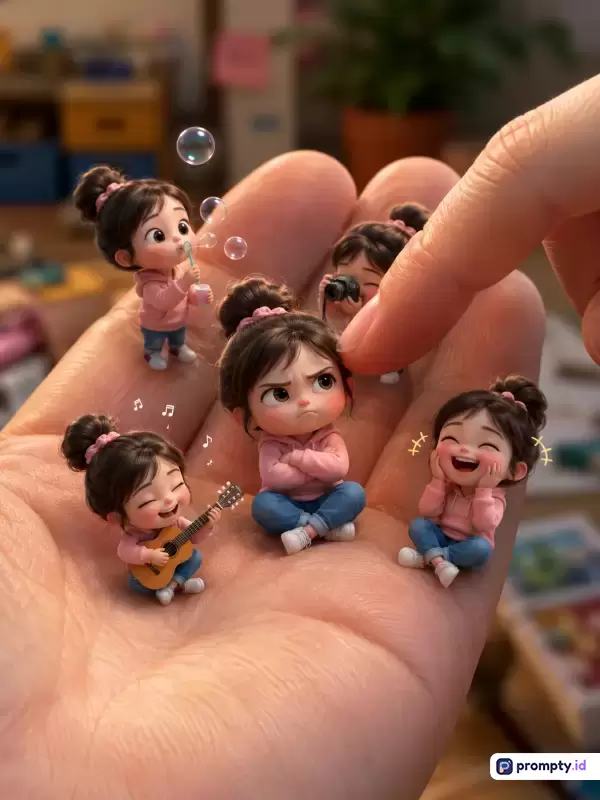 Gambar bergaya animasi 3D Pixar ini menampilkan konten miniatur karakter gadis kecil berambut kuncir dengan berbagai ekspresi emosi yang diletakkan di atas telapak tangan manusia, menggunakan kata kunci seperti miniatur, animasi, ekspresi, interaksi, dan boneka, serta didominasi oleh warna merah muda, cokelat kulit, dan biru jeans.
