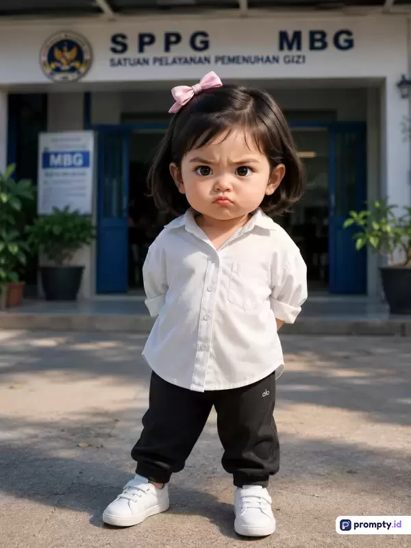 Gambar berstyle fotografi realistis ini menampilkan konten seorang balita perempuan berambut pendek dengan ekspresi cemberut lucu mengenakan kemeja putih, celana hitam, dan jepitan rambut merah muda di depan gedung bertuliskan SPPG MBG, dengan kata kunci balita, cemberut, kemeja putih, SPPG MBG, dan ekspresi lucu, serta didominasi oleh warna putih, hitam, dan abu-abu.