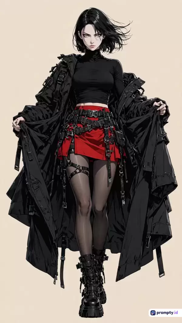 Gambar bergaya anime modern ini menampilkan konten karakter wanita berambut hitam dengan gaya fashion cyberpunk dan edgy, menggunakan kata kunci seperti wanita, anime, cyberpunk, jaket hitam, rok merah, dan stoking; warna dominannya adalah hitam, merah, dan krem.