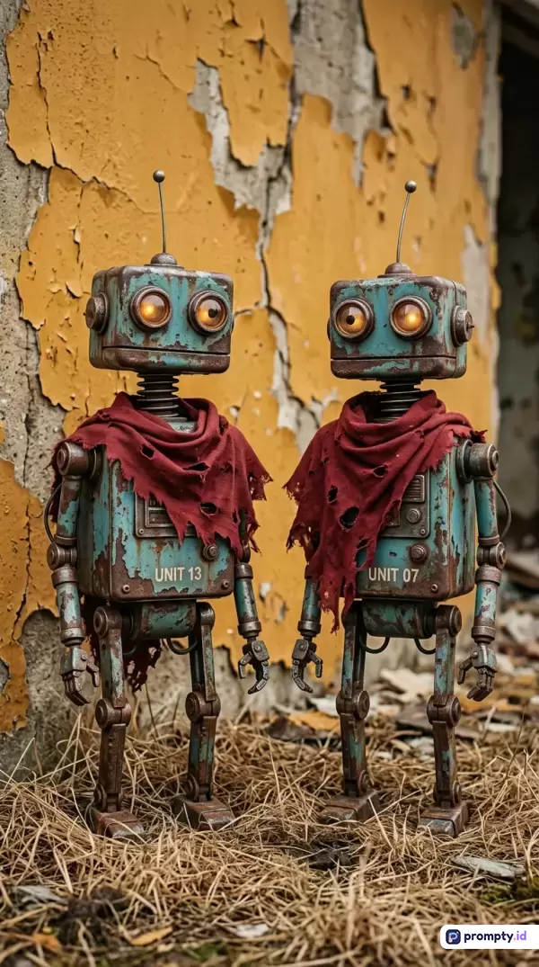 Gambar bergaya fotografi realistis ini menampilkan dua robot bergaya retro-futuristik yang berkarat dengan mata menyala dan syal merah compang-compang berdiri di atas tumpukan jerami dengan latar dinding runtuh, memuat kata kunci robot, retro, pasca-apokaliptik, berkarat, dan distopia, serta didominasi oleh warna biru pirus, kuning mustard, dan merah marun.