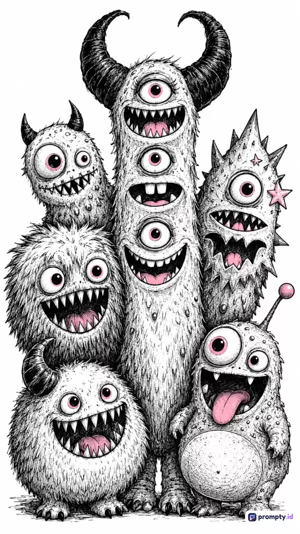 Gambar ilustrasi hitam-putih bergaya sketsa tangan yang detail ini menampilkan sekelompok makhluk monster berbulu, bertanduk, dan bermata banyak dengan aksen warna merah muda, bertema fantasi dan surealis, menggunakan kata kunci monster, makhluk, ilustrasi, sketsa, dan hitam-putih, dengan tiga warna dominan yaitu putih, hitam, dan merah muda.