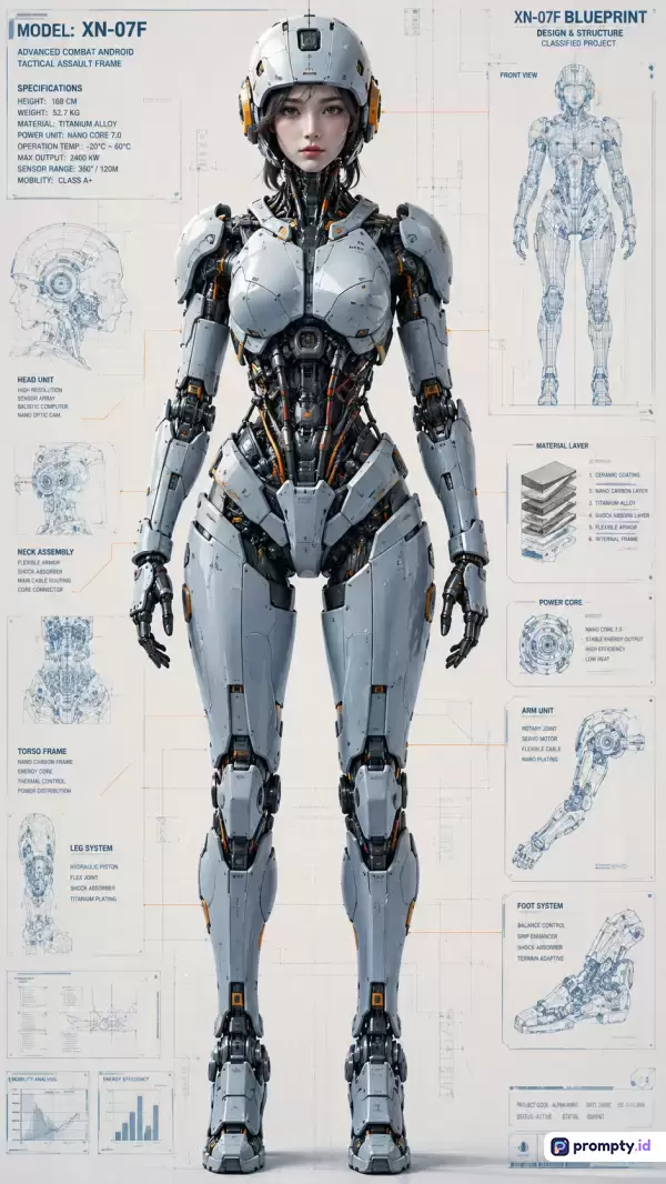Gambar berformat ilustrasi digital berteknologi tinggi ini menampilkan lembar cetak biru fiksi ilmiah (blueprint sci-fi) dan model android tempur wanita (Model: XN-07F) yang dikelilingi oleh sketsa anatomi, diagram bagian tubuh, dan teks spesifikasi teknis mendetail, dengan gaya seni konsep mecha futuristik yang mengusung kata kunci android, robot, fiksi ilmiah, anatomi, dan cetak biru, serta didominasi oleh palet warna abu-abu muda, oranye, dan putih.