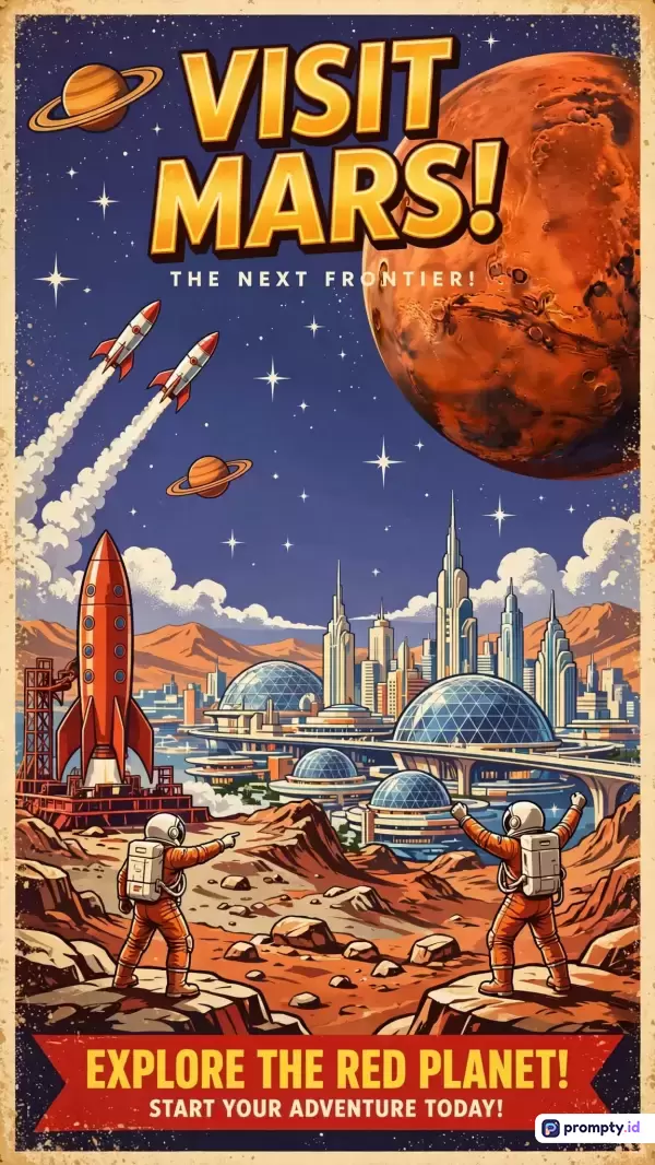 Gambar poster bergaya retro futuristik ini menampilkan ilustrasi eksplorasi luar angkasa dengan konten astronot, planet Mars, roket, dan kota futuristik bertepi kubah, serta menggunakan palet warna dominan oranye terang, biru tua, dan kuning keemasan, dengan kata kunci pariwisata luar angkasa, poster Mars, dan fiksi ilmiah retro.