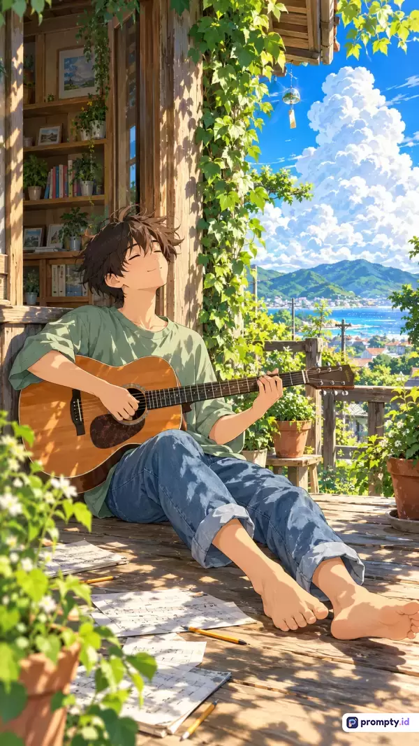Gambar berstylist anime Ghibli ini menampilkan pemuda berkaus hijau dan celana jeans yang sedang asyik bermain gitar di teras kayu berlimpah tanaman hias dengan latar pemandangan laut, pegunungan, serta langit cerah berawan, memuat kata kunci seperti musik, musim panas, ketenangan, dan ilustrasi digital, dengan tiga warna dominan yaitu hijau, cokelat, dan biru.