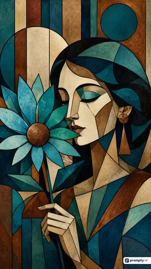 Gambar bergaya kubisme geometris ini menampilkan konten seorang wanita elegan yang memegang bunga biru besar dengan latar belakang vertikal bertekstur, merepresentasikan kata kunci seni modern, potret wanita, kubisme, dan estetika dekoratif, menggunakan palet warna dominan biru toska, cokelat tanah, dan krem, serta diperkaya dengan kata kunci komposisi mosaik, garis tegas, dan visual klasik.