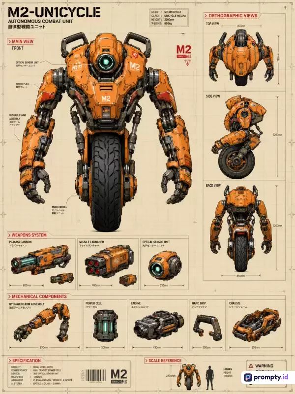 Gambar bergaya cetak biru teknis (*blueprint*) ini menampilkan konten robot tempur beroda satu (*unicycle mecha*) model M2-Unicycle berwarna oranye terang dengan aksen hitam dan abu-abu, yang dilengkapi berbagai komponen senjata serta spesifikasi detail, dengan kata kunci robot, meka, fiksi ilmiah, militer, dan desain industri, serta didominasi oleh warna oranye, krem, dan hitam.