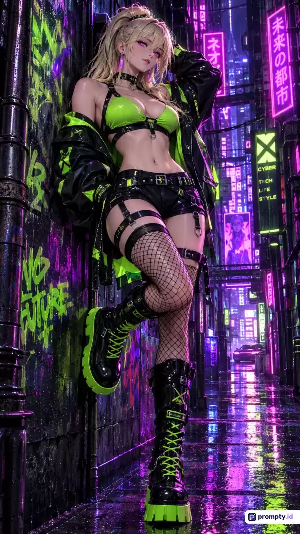 Gambar ilustrasi bergaya anime/cyberpunk ini menampilkan seorang wanita berambut pirang dengan pakaian provokatif berwarna hijau neon dan hitam yang sedang bersandar di gang basah penuh grafiti, dengan kata kunci: wanita, anime, cyberpunk, neon, grafiti, futuristik, dan 3 warna dominannya adalah hitam, hijau neon, serta ungu.