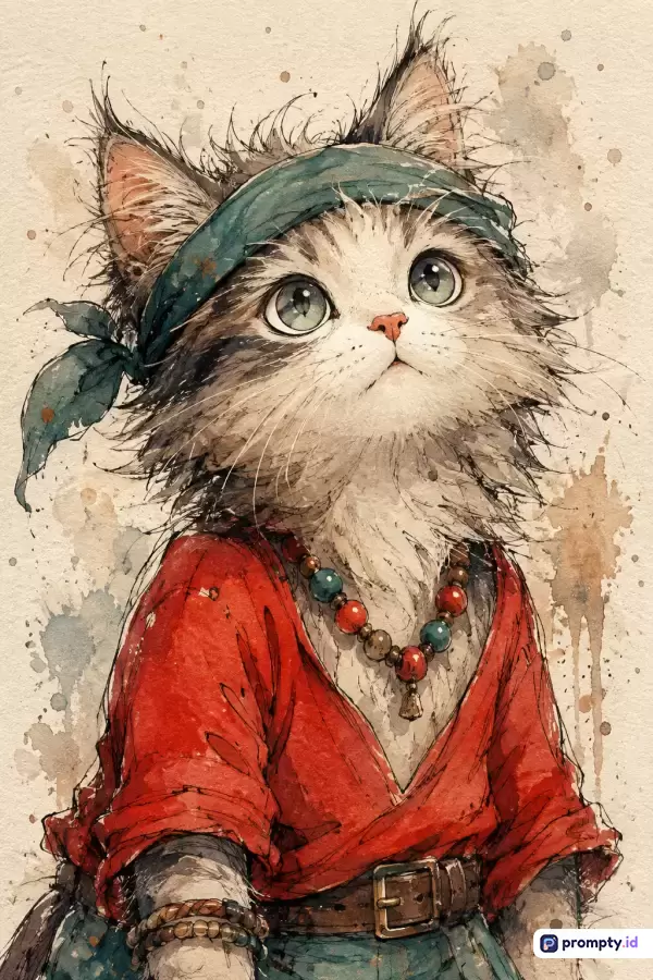 Gambar ilustrasi bergaya cat air ini menampilkan konten seekor anak kucing berbulu lebat yang mengenakan pakaian bajak laut lengkap dengan ikat kepala hijau, baju merah, dan kalung manik-manik, dengan kata kunci: kucing, bajak laut, cat air, ilustrasi, hewan peliharaan, petualang, imut, seni; serta didominasi oleh warna merah, hijau toska, dan krem.