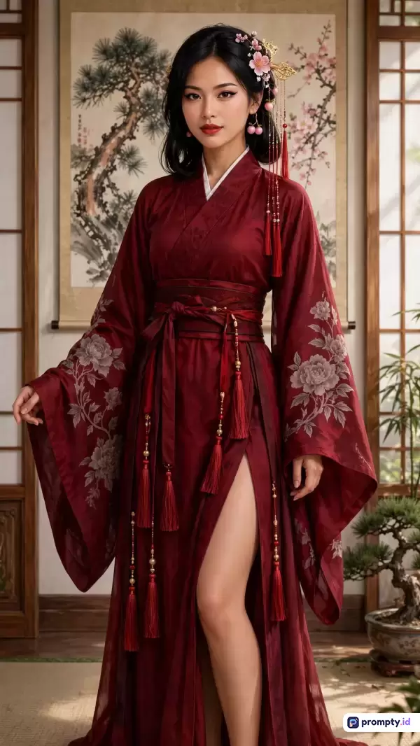 Gambar bergaya potret sinematik realistis ini menampilkan seorang wanita Asia berambut hitam dengan jepit rambut bunga sakura, mengenakan jubah tradisional merah marun bermotif bunga dengan belahan tinggi, berlatar ruangan interior estetik bergaya oriental dengan tiga warna dominan yaitu merah marun, putih, dan cokelat kayu, serta kata kunci: wanita Asia, Hanfu modis, jubah merah marun, pakaian tradisional modern, dekorasi oriental.
