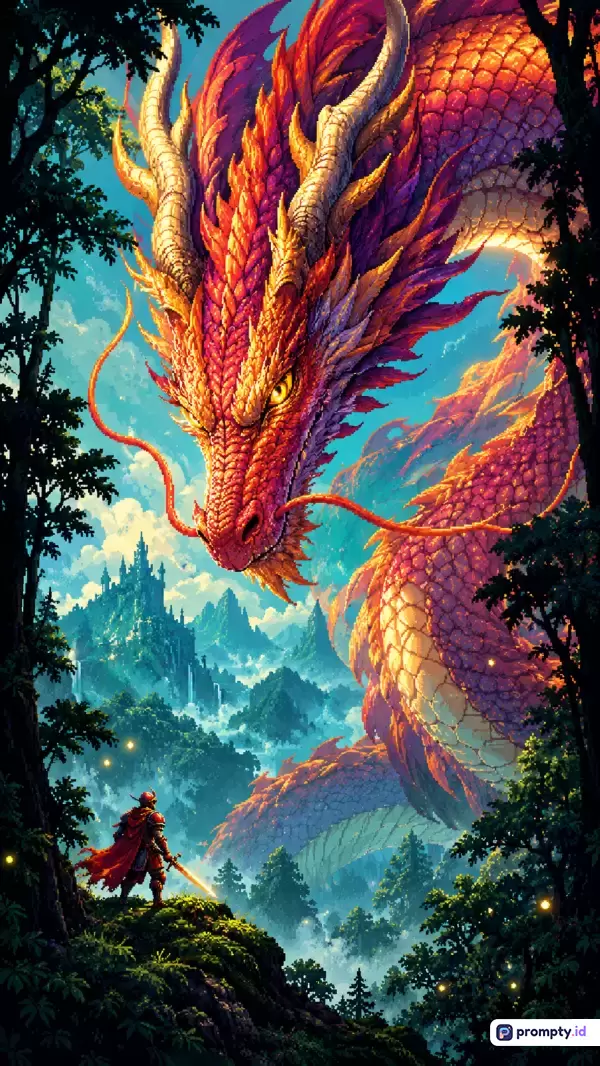 Gambar ilustrasi fantasi bergaya pixel art dan lukisan digital ini menampilkan konten epik berupa naga raksasa berwarna merah, ungu, dan jingga yang menjulang di atas lembah berkabut tempat seorang ksatria kecil berdiri di antara pohon-pohon hutan menghadap kastil jauh, dengan kata kunci naga, ksatria, fantasi, kastil, hutan, petualangan, epik, dan pemandangan, didominasi oleh warna merah, biru langit, dan hijau tua.