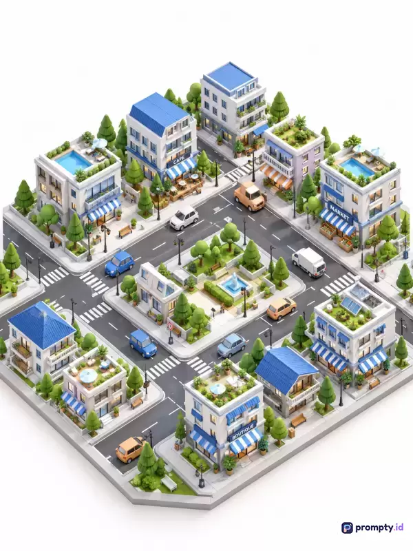 Gambar bergenre ilustrasi 3D isometrik modern ini menampilkan konten diorama tata kota mikro yang bersih dengan gaya minimalis, menyajikan kata kunci lanskap perkotaan, miniatur, arsitektur, dan ekologi kota hijau, didominasi oleh warna biru, putih, dan hijau, serta mencakup kata kunci tambahan seperti bangunan komersial, jalan raya, mobil, taman, dan lingkungan berkelanjutan.