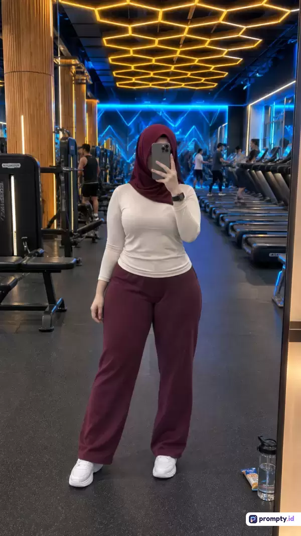 Foto bergaya swafoto cermin ini menampilkan seorang wanita berhijab merah marun dan berpakaian olahraga sedang berpose di pusat kebugaran modern dengan dominasi warna marun, krem, dan hitam, yang dilengkapi kata kunci wanita, hijab, gym, kebugaran, dan swafoto.