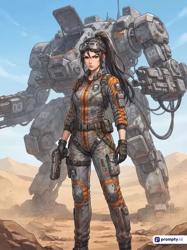 Gambar berformat ilustrasi digital anime fiksi ilmiah ini menampilkan seorang pilot wanita berambut hitam panjang mengenakan baju terbang abu-abu-oranye sambil memegang pistol, berdiri gagah di depan robot mech tempur raksasa berkarat di gurun pasir tandus dengan tiga warna dominan yaitu abu-abu, oranye, dan cokelat, serta kata kunci pilot mech, anime sci-fi, mecha robot, dan gurun pasir.
