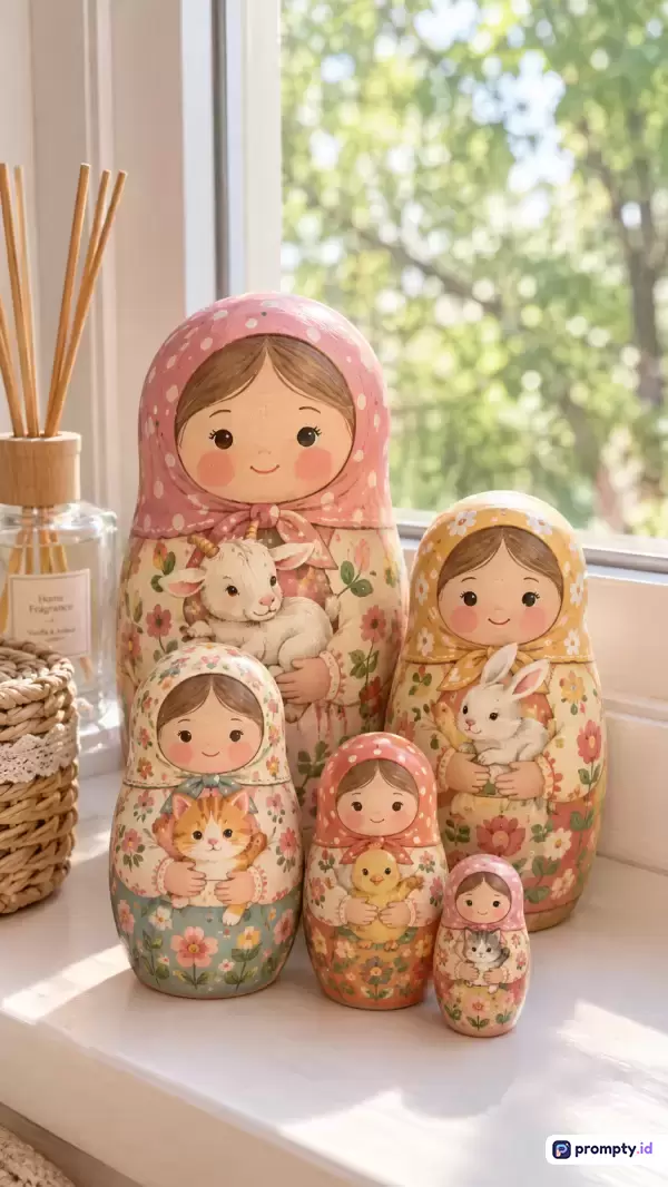Gambar fotografi gaya ilustrasi pastel yang menampilkan lima boneka matryoshka kayu bertumpuk dengan detail lukisan tangan hewan-hewan imut seperti kambing, kelinci, kucing, dan anak ayam di ambang jendela terang, dengan kata kunci boneka kayu, matryoshka, mainan Rusia, dekorasi rumah, hewan pastel, dan didominasi warna merah muda, kuning lembut, serta hijau daun.