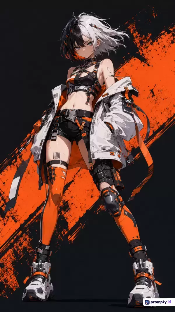 Gambar bergaya anime modern ini menampilkan karakter perempuan berambut dua warna (hitam dan putih) mengenakan pakaian taktis futuristik dengan jaket putih dan aksesoris oranye, yang dikelilingi oleh latar belakang coretan cat oranye dan hitam, serta memiliki kata kunci seperti anime, cyberpunk, karakter fiksi, fiksi ilmiah, fashion jalanan, dan estetika futuristik dengan tiga warna dominan yaitu oranye, putih, dan hitam.