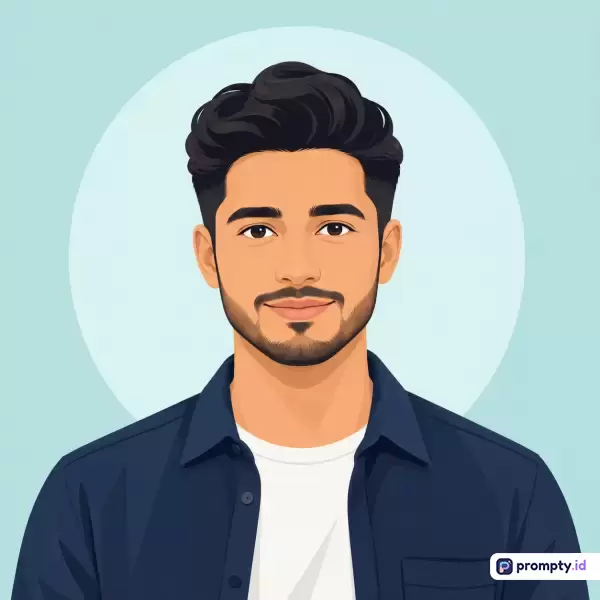 Gambar berformat vektor ini menampilkan ilustrasi potret seorang pria muda berambut hitam bergelombang dengan gaya rambut rapi dan jenggot tipis, mengenakan kaos putih di balik kemeja biru tua, berlatar belakang lingkaran biru muda, dengan dominasi warna biru tua, putih, dan cokelat muda yang menggambarkan kesan kasual dan modern.