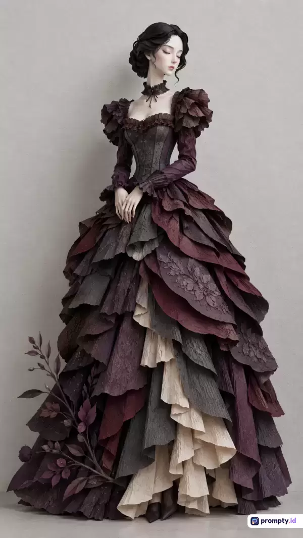 Gambar bergaya figuratif surealis ini menampilkan konten seorang wanita pucat berambut hitam yang mengenakan gaun megah bertingkat dari kelopak daun kertas bertekstur, dengan kata kunci wanita, gotik, fantasi, gaun daun, mode avant-garde, dan warna dominan ungu tua, abu-abu arang, serta krem muda.