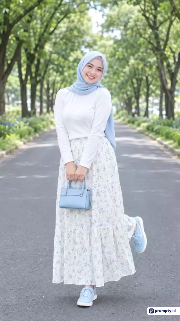 Gambar bergaya fotografi potret ceria ini menampilkan seorang wanita berhijab dengan gaya busana kasual elegan yang mengenakan atasan putih, rok panjang motif bunga, serta tas dan sepatu biru muda, sedang berpose di jalan setapak rimbun dengan kata kunci hijab fashion, OOTD kasual, taman kota, wanita cantik, gaya feminin, busana Muslim, dan estetika cerah, didominasi oleh warna biru muda, putih, dan hijau dedaunan.