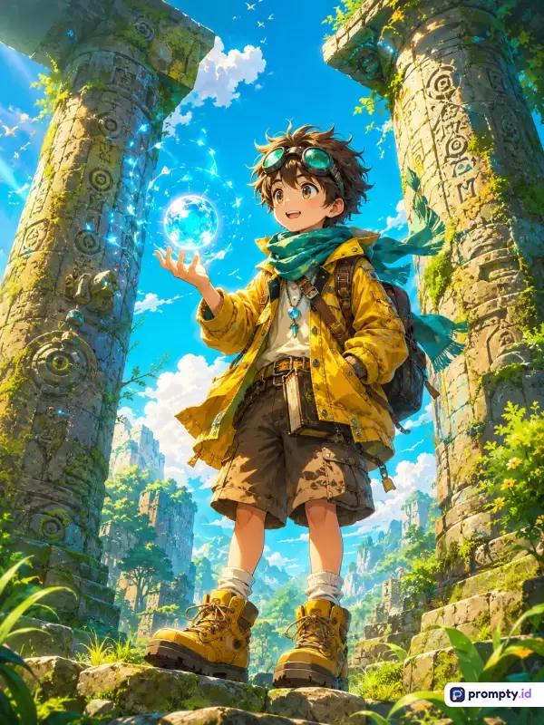 Gambar bergaya anime fantasi penuh warna cerah ini menampilkan karakter anak laki-laki penjelajah berambut cokelat dengan jaket kuning dan kacamata petualang yang memegang bola energi magis bercahaya di antara pilar-pilar kuil kuno berlumut, dengan kata kunci petualangan, sihir, reruntuhan, fantasi, dan anime, serta didominasi oleh warna kuning, biru langit, dan hijau daun.
