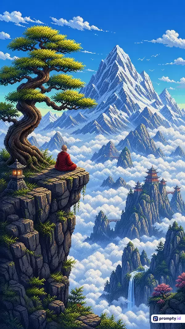 Gambar bergaya seni piksel dengan konten seorang biksu bermeditasi di atas tebing menghadap pegunungan bersalju dan kuil di atas awan, menggunakan kata kunci meditasi, biksu, seni piksel, pegunungan, zen, dan didominasi oleh warna biru langit, putih salju, serta hijau tua.