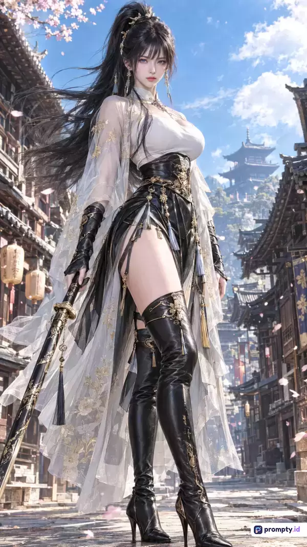 Gambar digital bergenre seni fantasi anime Tiongkok ini menampilkan pendekar wanita cantik berambut hitam panjang dengan jubah putih-hitam, memegang pedang di jalanan desa tradisional, dengan palet warna dominan putih, hitam, dan biru langit, serta kata kunci pendekar, wanita, fantasi, tradisional, pedang, dan Tiongkok.
