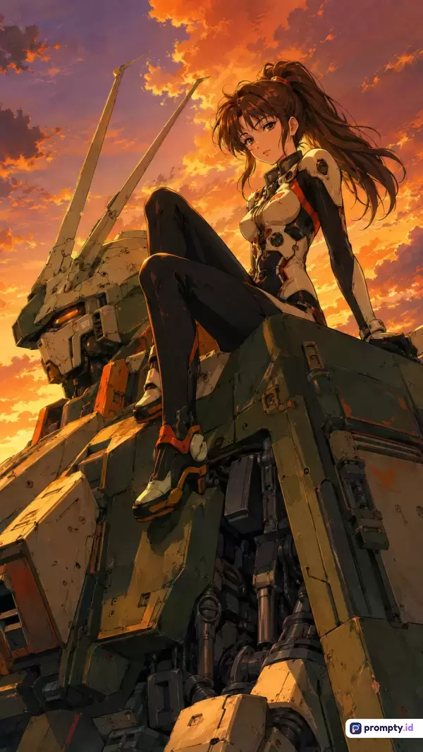 Gambar bergenre anime fiksi ilmiah ini menampilkan karakter wanita berambut cokelat dalam balutan *plugsuit* futuristik yang duduk anggun di atas robot mecha raksasa berwarna hijau zaitun, berlatar langit senja dramatis dengan tiga warna dominan yaitu jingga hangat, hijau zaitun, dan hitam pekat, serta kata kunci: anime, mecha, fiksi ilmiah, senja, wanita, robot, futuristik, dan pilot.