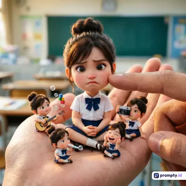 Gambar bergaya figurin 3D Pixar ini menampilkan konten miniatur siswi sekolah yang sedang berinteraksi di atas telapak tangan manusia dengan latar belakang kelas sekolah, menggunakan kata kunci miniatur, siswi sekolah, telapak tangan, figurin 3D, dan kelas, didominasi oleh warna cokelat kulit, putih seragam, dan hijau papan tulis.