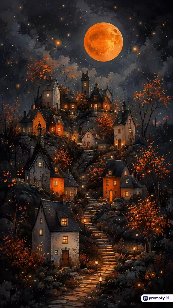 Gambar ilustrasi digital bergaya lukisan fantasi malam hari ini menampilkan desa di atas bukit berbatu dengan tangga batu yang berkelok, diterangi cahaya hangat dari jendela rumah dan lentera di bawah langit malam berbintang dan bulan purnama besar oranye, dengan dominasi warna biru tua, oranye, dan kuning.
