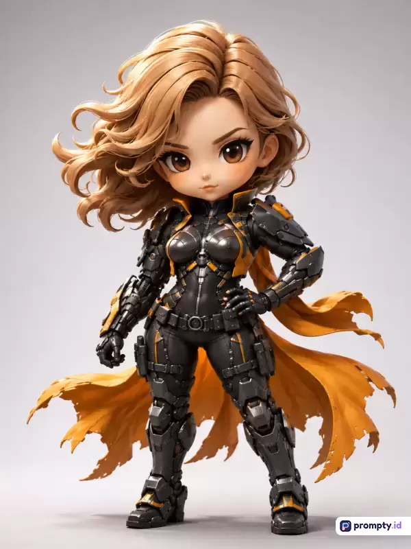 Gambar bergaya Chibi 3D ini menampilkan karakter wanita berambut cokelat bergelombang yang mengenakan baju zirah futuristik hitam dengan jubah kuning compang-camping, memiliki kata kunci karakter fiksi, sci-fi, anime, pahlawan super, mainan vinil, dan patung detail, serta didominasi oleh warna hitam, cokelat, dan kuning.