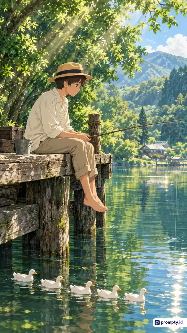Gambar ilustrasi bergaya anime Studio Ghibli ini menampilkan konten seorang anak laki-laki berambut cokelat mengenakan topi jerami sedang duduk santai di dermaga kayu sambil memancing di danau jernih dengan latar belakang pegunungan hijau yang asri, serta sekelompok bebek putih yang berenang di air, dengan dominasi warna hijau zamrud, cokelat tanah, dan biru langit, serta kata kunci animasi, pemandangan, pedesaan, dan memancing.