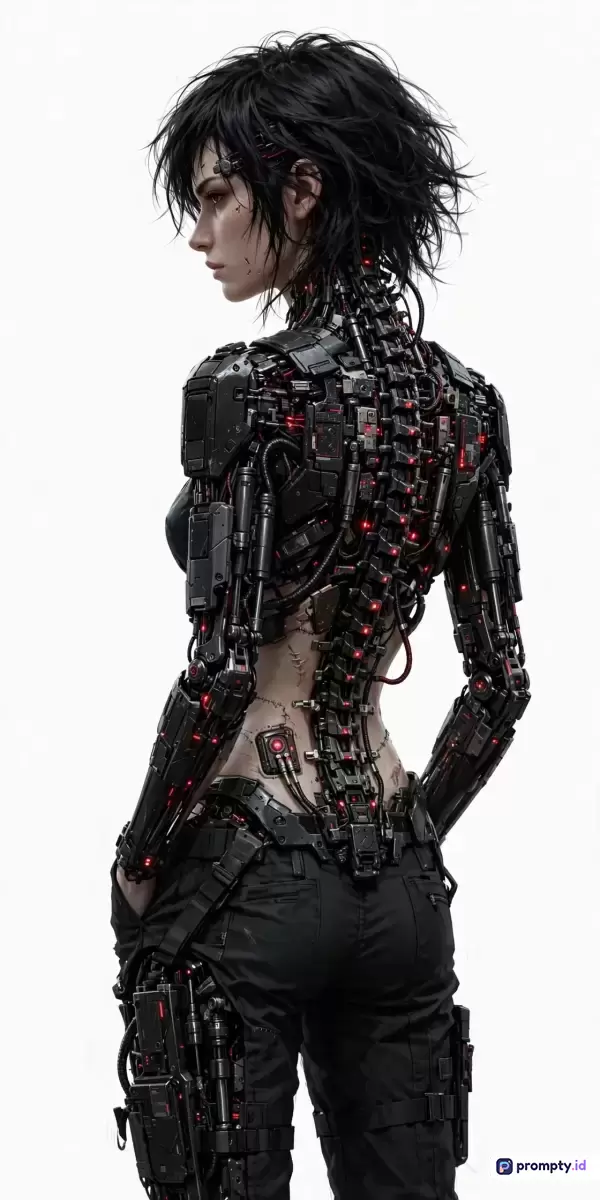 Gambar bergaya ilustrasi digital fiksi ilmiah beresolusi tinggi ini menampilkan cyborg wanita berambut hitam pendek dengan struktur tulang belakang mekanis yang kompleks, memadukan konten teknologi futuristik dengan estetika tubuh manusia, menggunakan palet warna dominan hitam, abu-abu gelap, dan merah menyala, serta diperkaya dengan kata kunci seperti cyberpunk, robotik, anatomi futuristik, cyborg wanita, dan sci-fi.