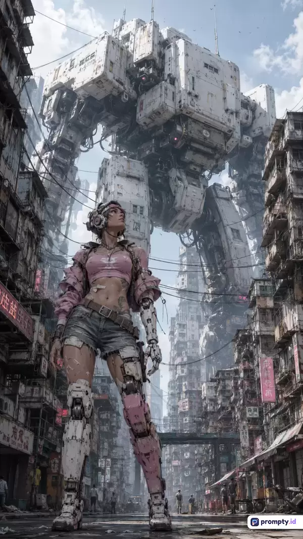 Gambar bergenre fiksi ilmiah dengan gaya digital painting sinematik ini menampilkan konten sesosok wanita sibernetik berbusana merah muda dan celana denim yang berdiri di antara deretan gedung kumuh perkotaan padat, dengan latar belakang robot raksasa putih berukuran kolosal yang mendominasi pemandangan, serta didominasi oleh kata kunci wanita sibernetik, robot raksasa, fiksi ilmiah, perkotaan kumuh, masa depan, dan distopia, dengan kombinasi warna dominan abu-abu, merah muda, dan putih.