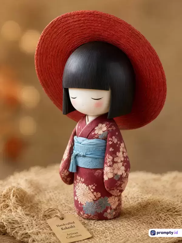 Gambar bergaya fotografi produk studio ini menampilkan konten boneka kayu Kokeshi tradisional Jepang berambut hitam berpakaian kimono merah bermotif bunga dengan topi lebar merah dan obi biru muda di atas kain goni berserat cokelat berlatar belakang bokeh hangat, yang memiliki kata kunci boneka tradisional, kokeshi jepang, kimono merah, topi jerami, kerajinan tangan, dan warna dominan merah, cokelat, serta biru.