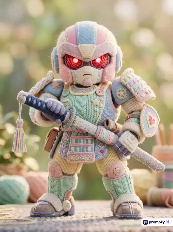 Gambar berformat fotografi dengan gaya seni rajut tangan dan boneka felt ini menampilkan konten robot samurai bertekstur benang wol lembut dengan mata merah menyala, menggunakan kata kunci boneka rajut, robot samurai, kerajinan tangan, wol, dan mainan kreatif, serta memiliki tiga warna dominan yaitu biru muda, merah muda, dan krem.