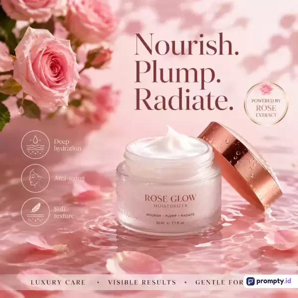 Gambar komersial bergaya estetik feminin ini menampilkan produk Rose Glow Moisturizer yang dikelilingi bunga mawar segar dan kelopak di atas air bergelombang, dengan dominasi warna merah muda dan putih, serta kata kunci skincare, moisturizer, rose extract, beauty, dan luxury care.