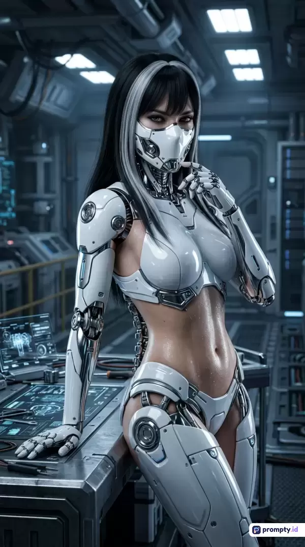 Gambar bergaya fiksi ilmiah digital art ini menampilkan karakter cyborg wanita berambut hitam bergaris putih yang mengenakan pelindung wajah futuristik dan armor putih mengkilap, berdiri di dalam lab berteknologi tinggi dengan tiga warna dominan yaitu putih, abu-abu, dan hitam, serta kata kunci cyborg, fiksi ilmiah, android, masa depan, dan teknologi.