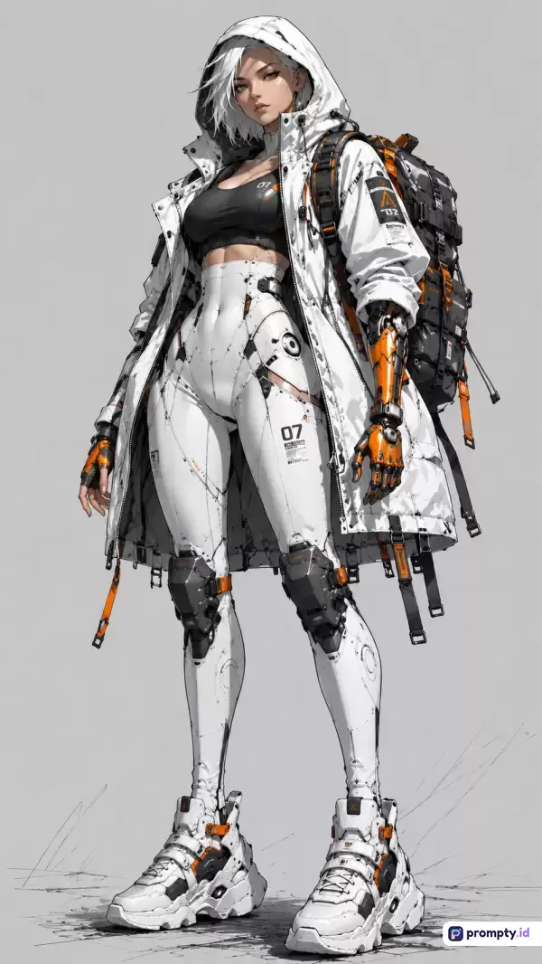 Gambar bergaya ilustrasi digital anime fiksi ilmiah ini menampilkan karakter wanita cyborg berambut putih yang mengenakan jaket bertudung putih, pakaian tempur futuristik, dan ransel besar, dengan kombinasi warna dominan putih, hitam, serta jingga, yang merepresentasikan kata kunci sci-fi, cyberpunk, karakter wanita, robot, penjelajah, dan futuristik.