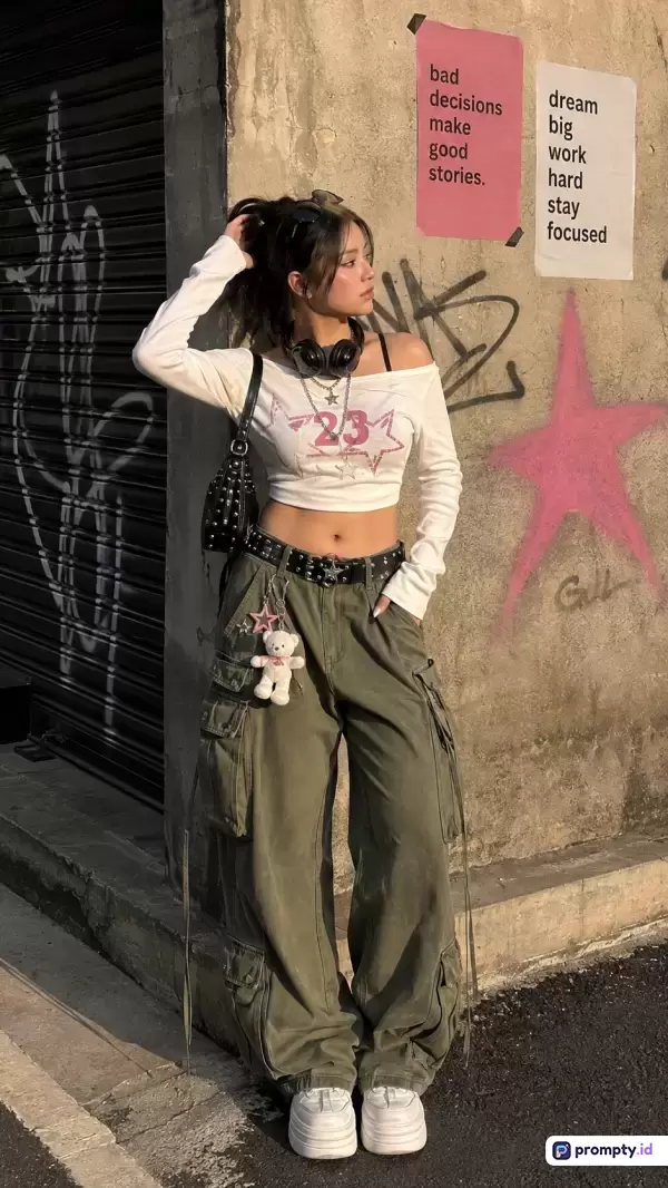 Gambar fotografi jalanan berkonsep Y2K/grunge ini menampilkan seorang wanita muda bergaya streetwear berpose di depan tembok bergraffiti, mengenakan atasan putih lengan panjang, celana kargo hijau zaitun, sepatu platform putih, dan tas bahu hitam, dengan dominasi warna hijau zaitun, putih, dan merah muda, yang dilengkapi kata kunci mode jalanan, gaya alternatif, dan estetika urban.