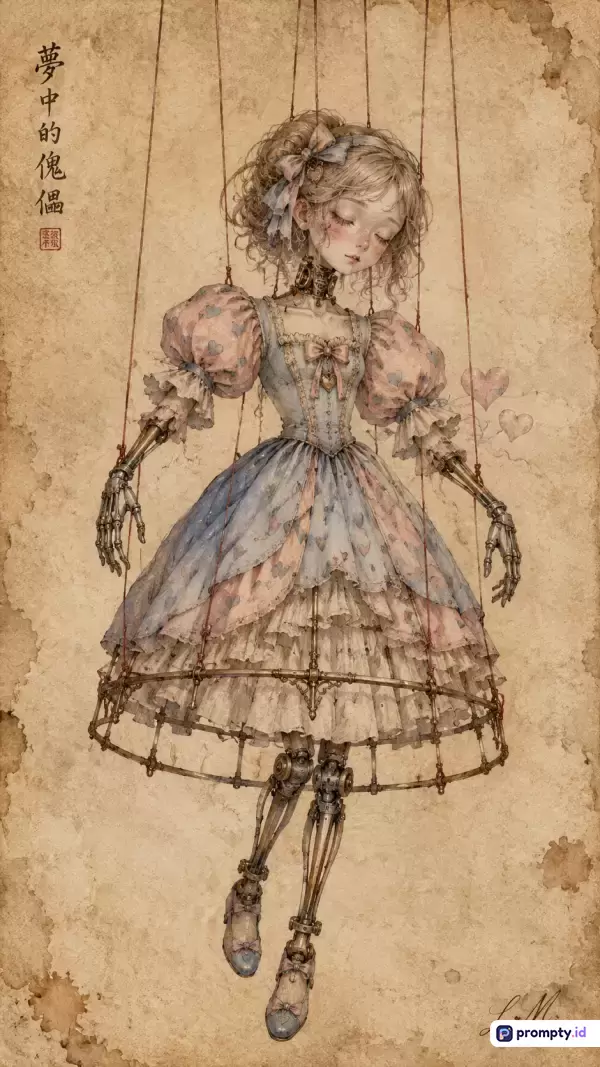Gambar ilustrasi bergaya fantasi steampunk antik ini menampilkan boneka marionette mekanis bergaun renda pastel dengan tangan dan kaki rangka besi yang digantung tali di atas latar belakang kertas perkamen tua bernuansa cokelat muda, merah muda, dan biru muda.