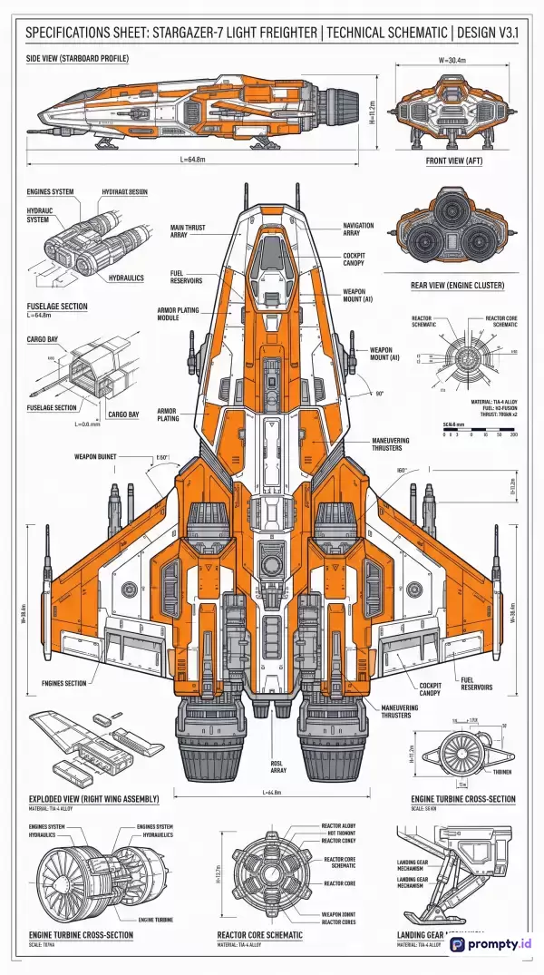 Gambar teknik bergaya cetak biru futuristik ini menampilkan lembar spesifikasi kapal kargo ringan Stargazer-7 dengan berbagai sudut pandang, skema komponen, dan dimensi detail yang menggunakan palet warna dominan putih, oranye, dan abu-abu, serta kata kunci fiksi ilmiah, skema teknis, cetak biru, desain pesawat ruang angkasa, dan diagram teknik.