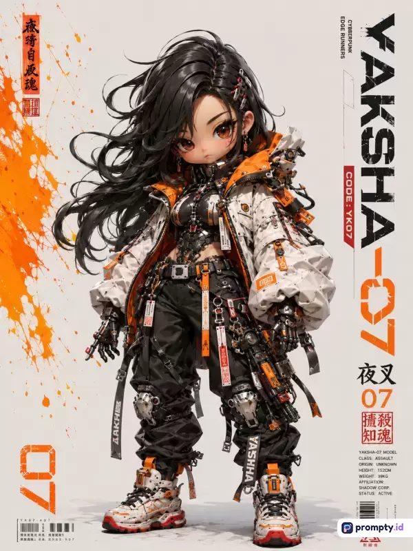 Gambar bergaya seni digital anime 3D cyberpunk ini menampilkan karakter wanita berambut hitam lebat dengan pakaian taktis futuristik putih-hitam beraksen oranye, latar belakang putih bersih dengan cipratan cat oranye dan teks tipografi vertikal YAKSHA-07, serta menggunakan kombinasi warna dominan putih, hitam, dan oranye dengan kata kunci karakter anime, cyberpunk, sci-fi, fashion futuristik, dan seni digital.