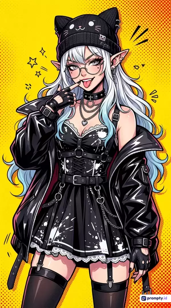 Gambar bergaya anime digital art ini menampilkan karakter wanita elf berambut putih-biru mengenakan pakaian serba hitam bertema gothic-punk dengan jaket kulit dan topi kupluk kucing, menggunakan kata kunci seperti wanita, elf, anime, goth, punk, fesyen, dan ilustrasi, dengan dominasi warna kuning, hitam, dan putih.