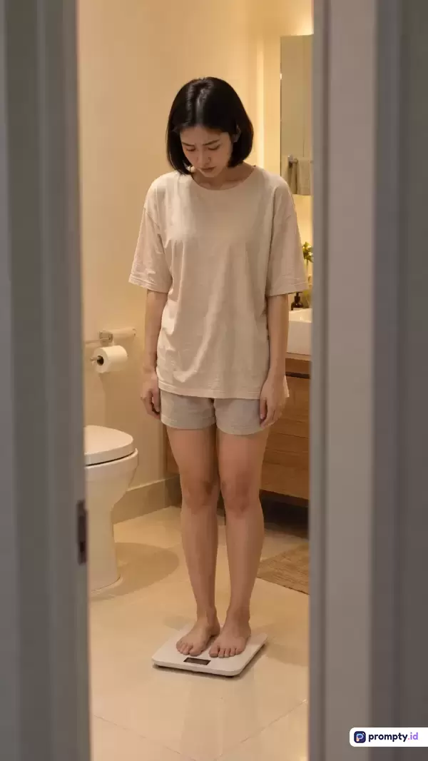 Gambar fotografi bergaya candid ini menampilkan seorang wanita berambut pendek mengenakan kaos dan celana pendek krem sedang berdiri di atas timbangan di dalam kamar mandi bernuansa hangat dengan kata kunci kesehatan, berat badan, diet, cemas, dan cermin, serta didominasi oleh warna krem, cokelat muda, dan putih.