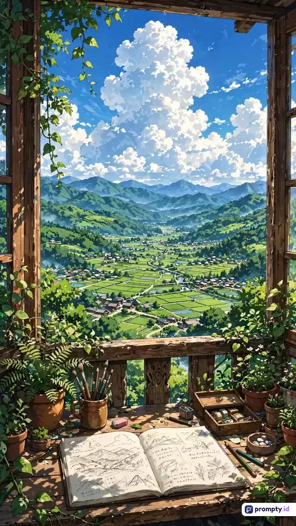 Gambar bergaya ilustrasi anime bertema pemandangan alam pedesaan yang asri dari balik jendela kayu ini menampilkan konten berupa meja seni dengan buku sketsa dan tanaman hias yang menghadap ke arah lembah hijau, pegunungan, dan langit biru cerah berawan, dengan kata kunci pemandangan, anime, pedesaan, jendela, dan seni, serta didominasi oleh warna biru langit, hijau daun, dan cokelat kayu.