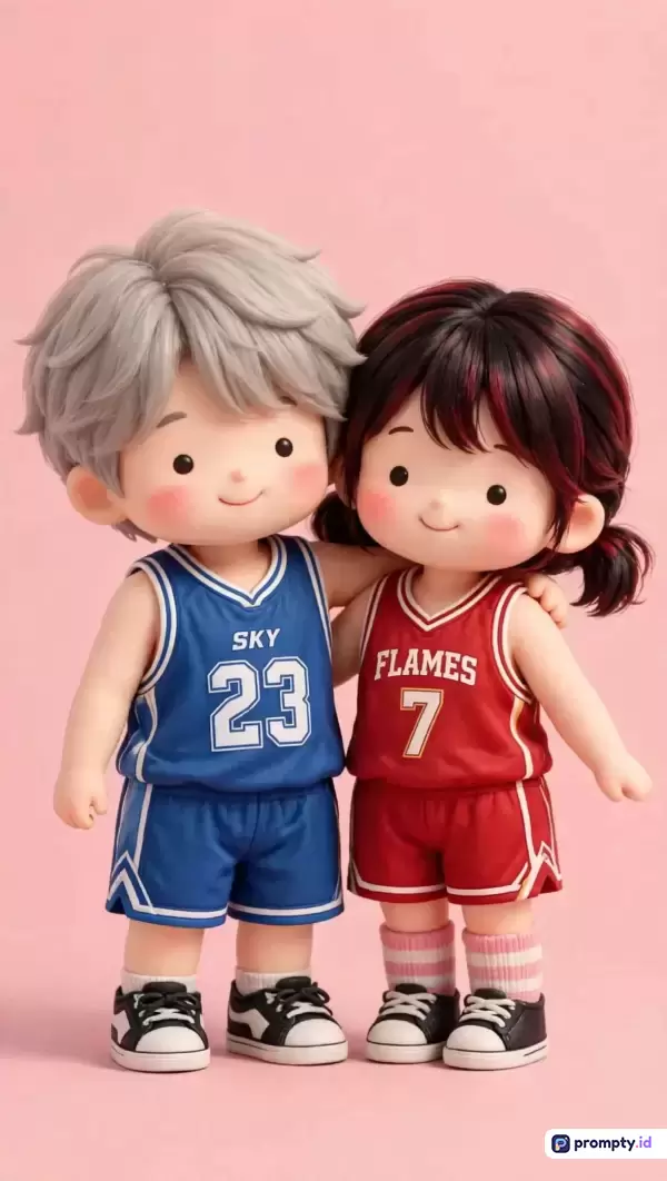 Gambar bergaya figurin 3D chibi ini menampilkan konten dua karakter anak laki-laki dan perempuan berambut perak dan hitam dengan seragam basket biru dan merah, menggunakan kata kunci boneka, chibi, couple, basket, mainan, serta didominasi oleh warna merah muda, biru, dan merah.