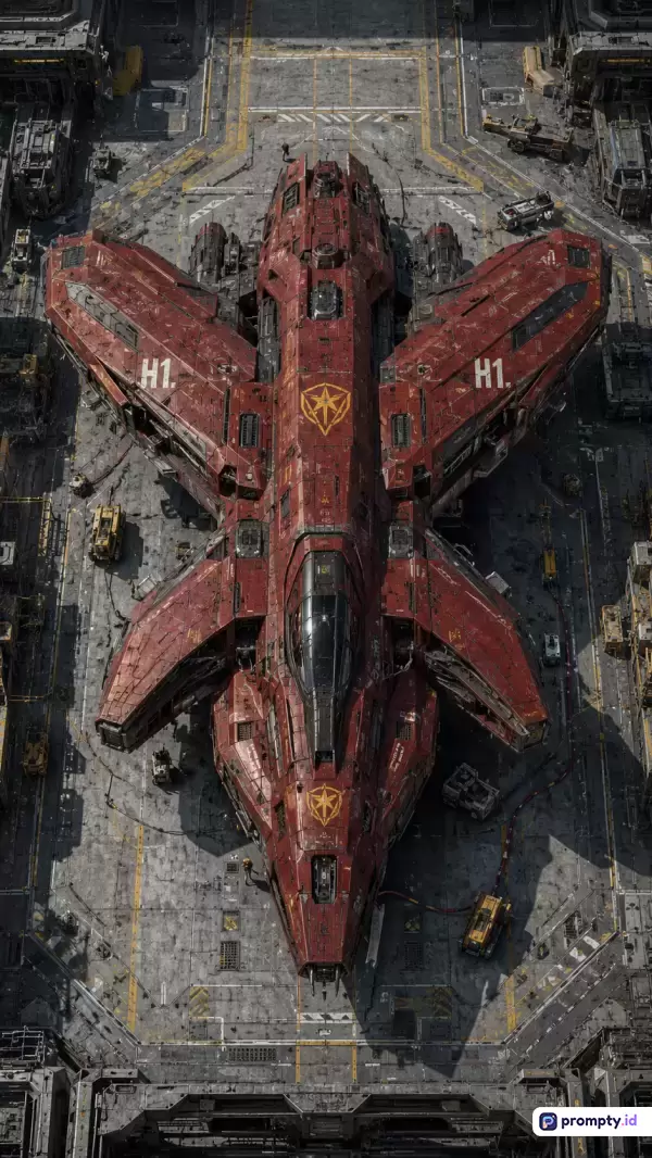 Gambar bergaya fiksi ilmiah sinematik dengan sudut pandang dari atas ini menampilkan pesawat luar angkasa merah besar berlabel H1 di dalam hangar industri yang sibuk dengan tiga warna dominan yaitu merah marun, abu-abu baja, dan kuning keemasan, serta kata kunci kapal luar angkasa, hangar industri, fiksi ilmiah, militer futuristik, dan top-down.