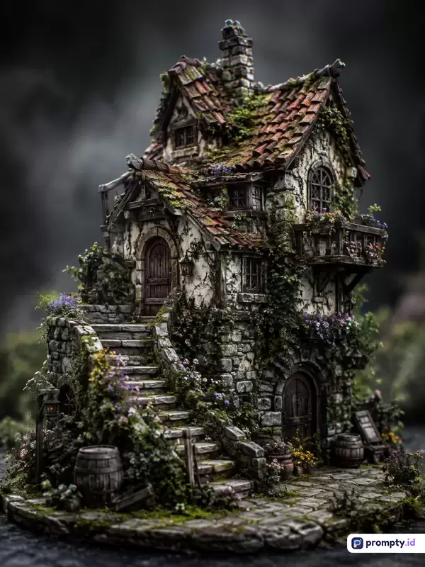 Gambar bergaya diorama miniatur fantasi bergaya abad pertengahan ini menampilkan konten rumah batu bertingkat dengan tangga luar ruangan yang dipenuhi tanaman rambut, lumut, dan bunga ungu, dengan kata kunci maket, diorama, rumah fantasi, abad pertengahan, miniatur, arsitektur tua, dan didominasi oleh warna abu-abu gelap, cokelat tua, dan hijau lumut.