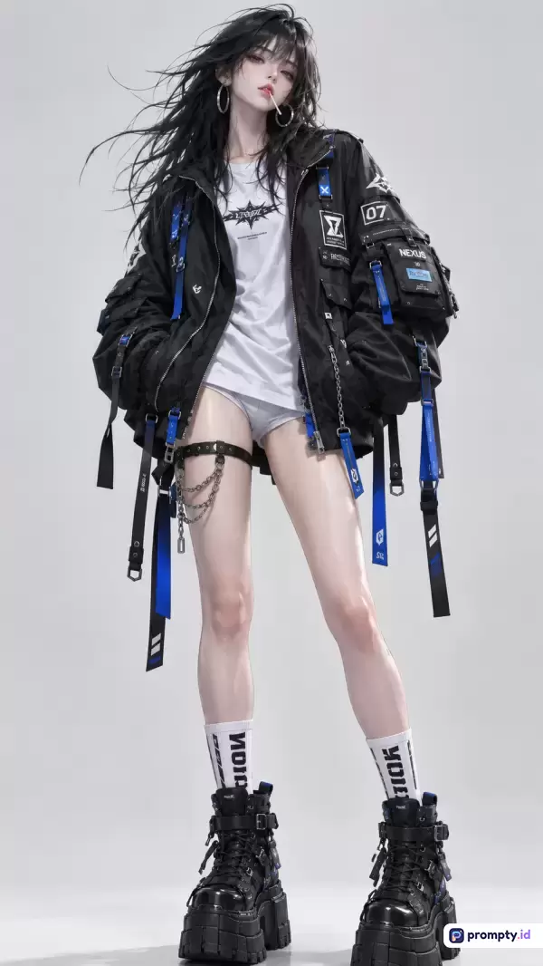 Gambar ilustrasi digital bergaya anime modern ini menampilkan seorang gadis berambut hitam acak-acakan mengenakan jaket tebal hitam bertali biru, kaos putih, celana pendek, kaos kaki tinggi, dan sepatu bot platform besar, dengan kata kunci fashion techwear, cyberpunk, estetika jalanan, serta tiga warna dominan yaitu hitam, putih, dan biru.