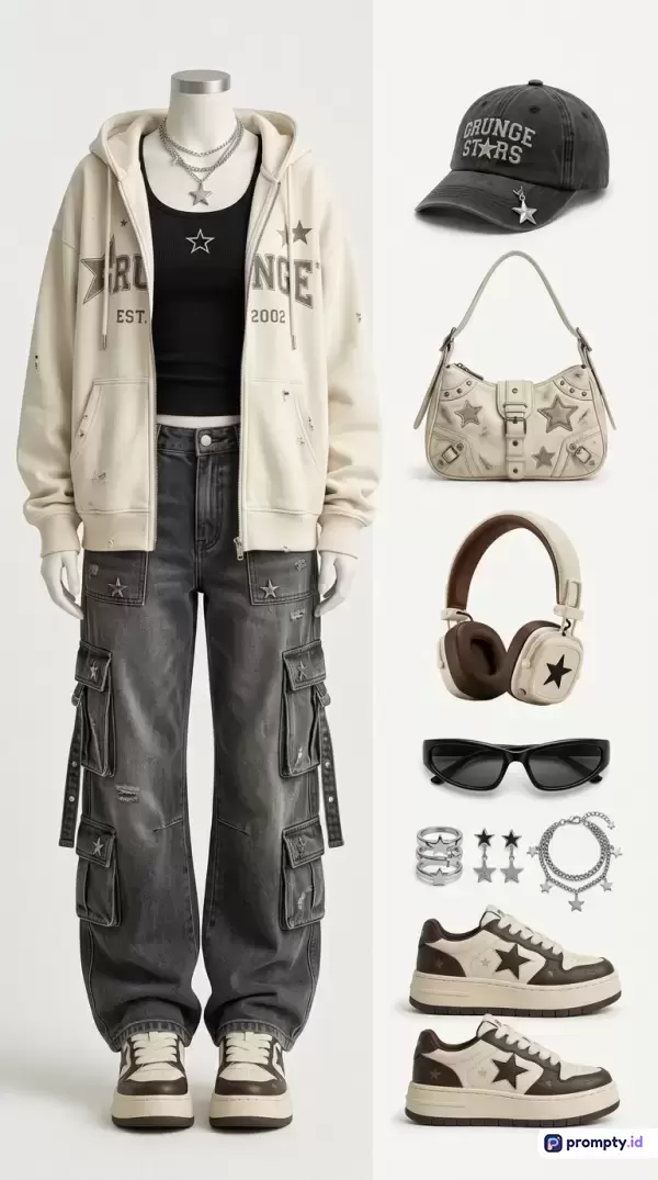 Gambar ini menampilkan setelan fesyen bergaya *streetwear* Y2K bertema *grunge* yang dikurasi secara flat lay, menampilkan konten berupa hoodie krem, celana kargo abu-abu gelap, topi bisbol hitam, tas bahu, headphone, kacamata hitam, perhiasan, dan sepatu kets, dengan kata kunci utama gaya grunge, fesyen Y2K, pakaian kasual, dan estetika jalanan, didominasi oleh warna krem, abu-abu gelap, dan hitam.