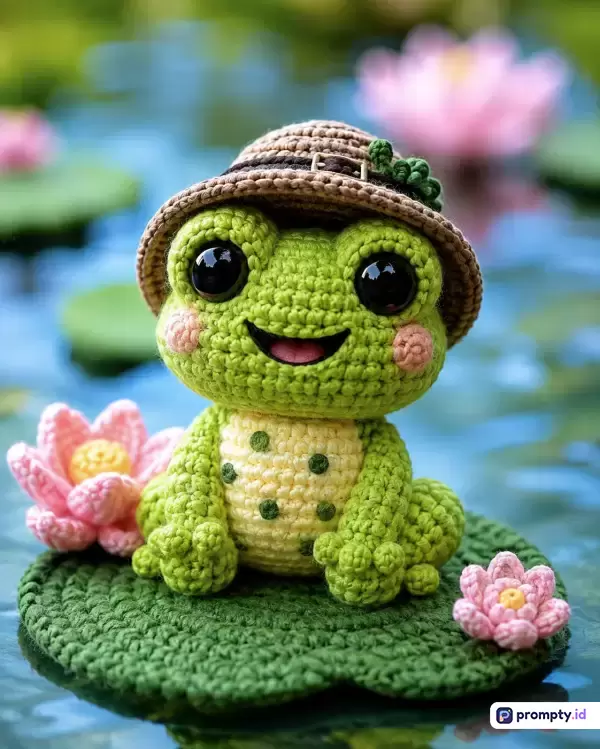 Foto makro bergaya fotografi mainan yang menampilkan boneka amigurumi katak hijau lucu berenda topi cokelat di atas daun teratai dengan bunga merah muda, didominasi warna hijau dan merah muda, serta kata kunci: rajut, amigurumi, katak, topi, bunga teratai, makro, mainan.